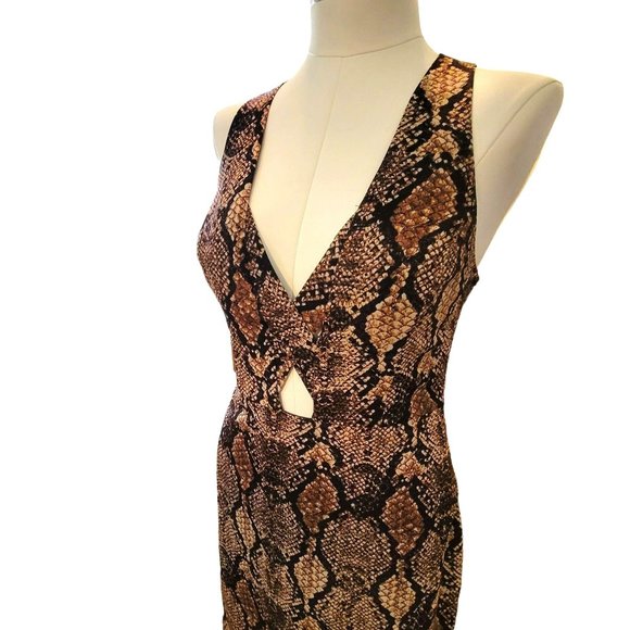 Bebe x Naven Dress Brown Black Faux Snakeskin Bodycon Deep V Mini Size 8 VR607 - Picture 5 of 11